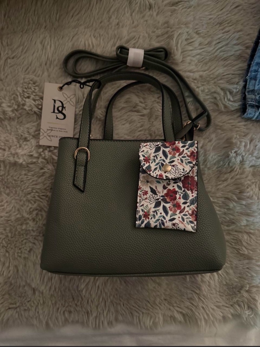 Green Textured Tote with Floral Pouch
